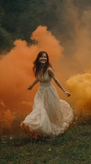 Bride twirling in front of orange colour smoke