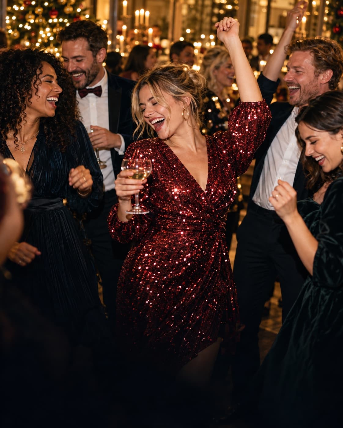Colleagues dancing together beneath Christmas lights