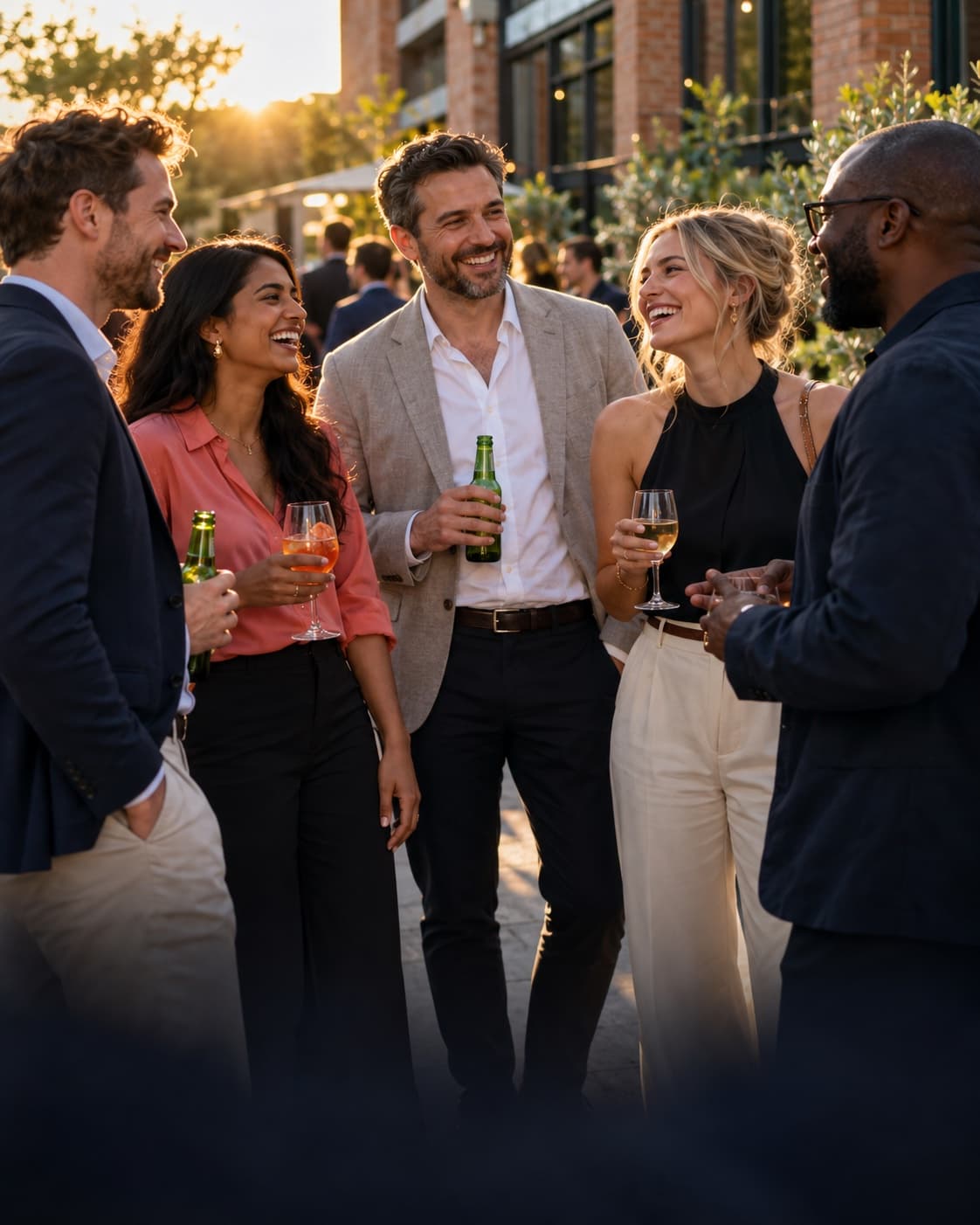 Colleagues laughing together at a golden-hour company away day