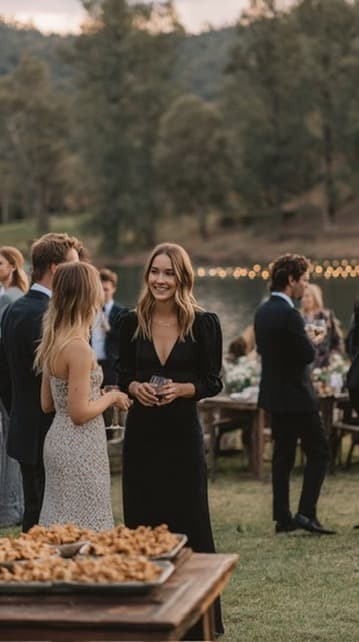 Guests chatting with drinks at an outdoor reception by a lake