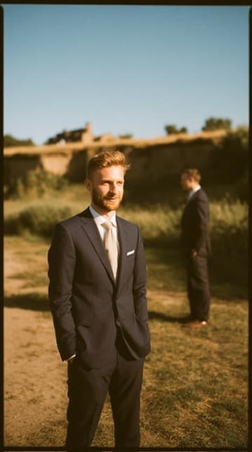 Groom in a dark suit standing in a golden field