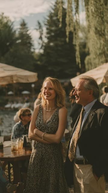 Two guests laughing together at a garden party